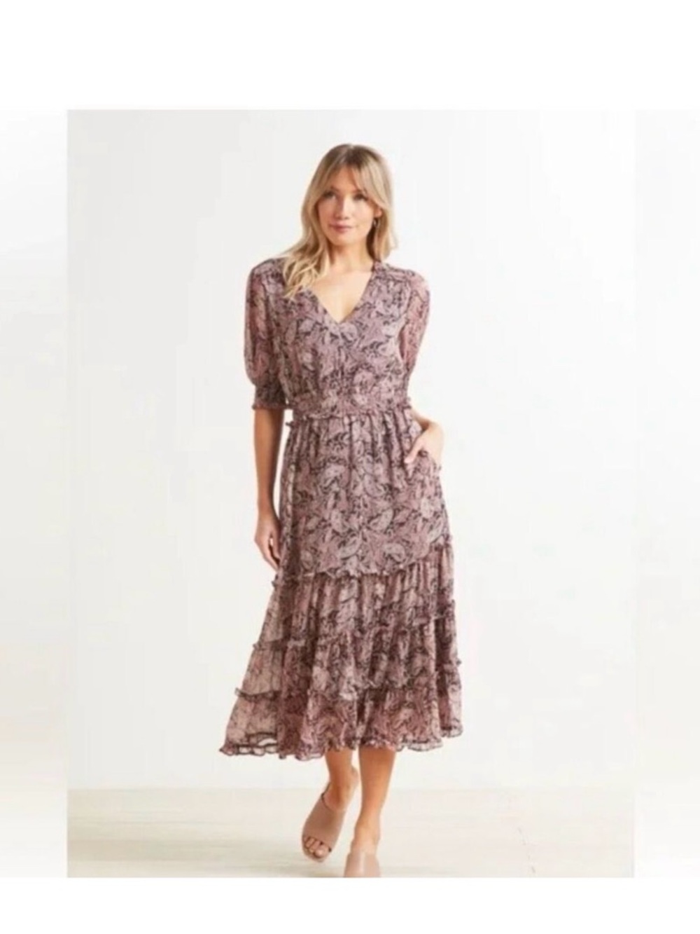 Roan + Ryan Elsa Chiffron Floral Midi Dress, sz small in pink & grey